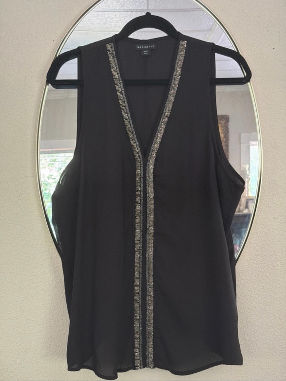 METAPHOR Sleeveless Beaded V-Neck Black Top Vintage